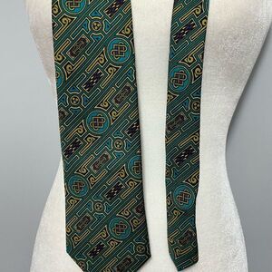 BSL Celtic Geometric Patterned Tie in Teal and Gold made in Ireland